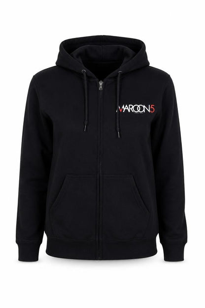 Front view of Gildan unisex maroon 5 black full zip hoodie, size S