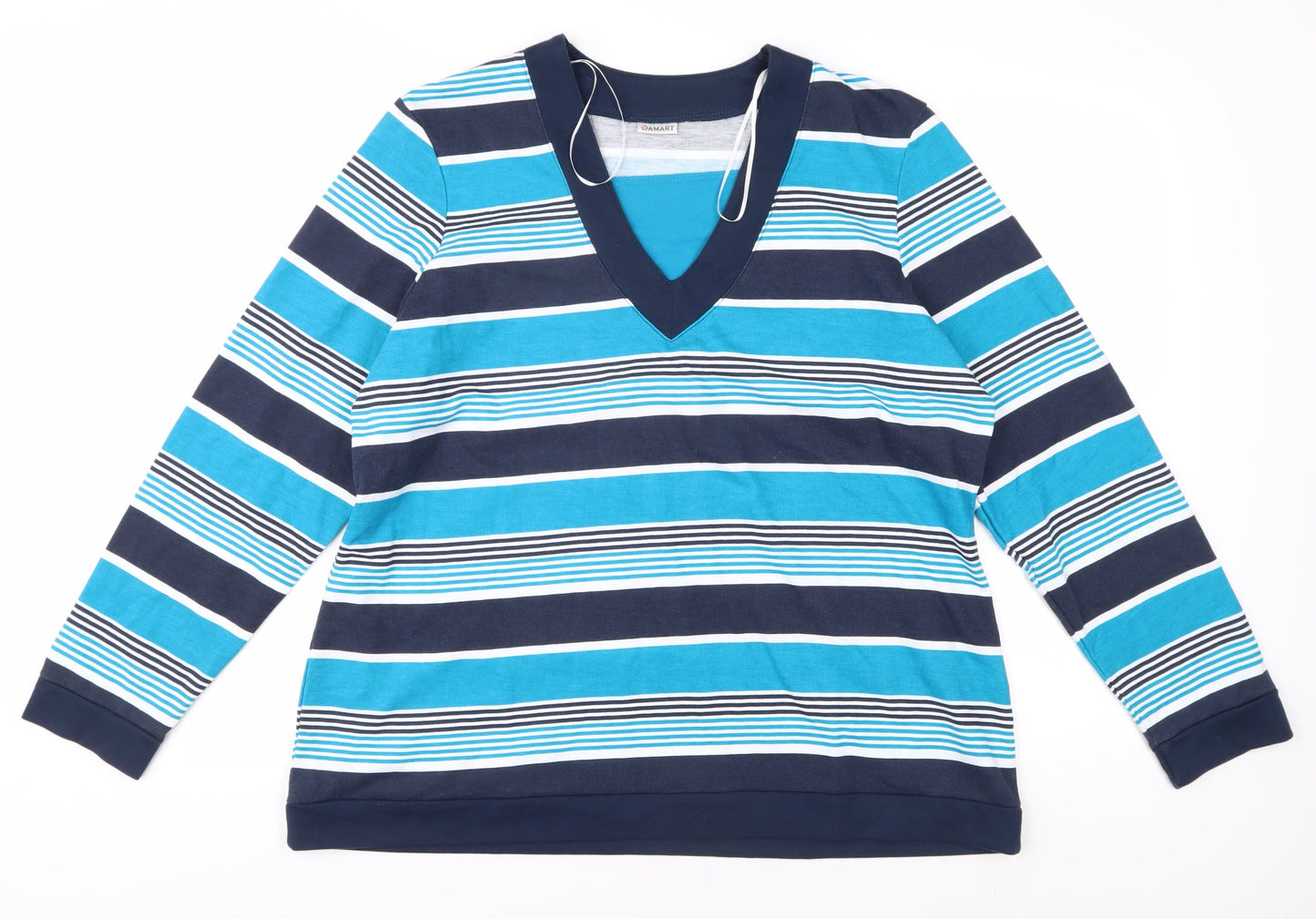 Damart Women's Blue Striped V-Neck Long Sleeve Tee