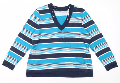 Damart Women's Blue Striped V-Neck Long Sleeve Tee