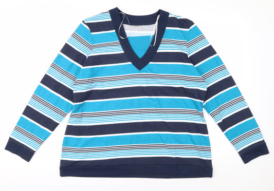 Damart Women's Blue Striped V-Neck Long Sleeve Tee