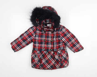 Mayoral Girls Red Plaid Coat with Faux Fur Trim, Size 6 Years