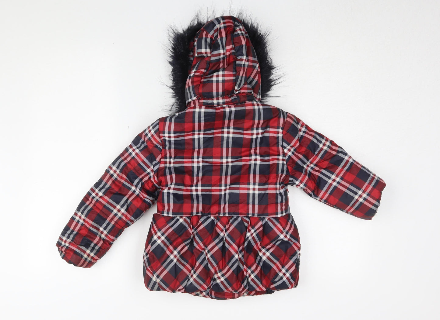 Mayoral Girls Red Plaid Coat with Faux Fur Trim, Size 6 Years