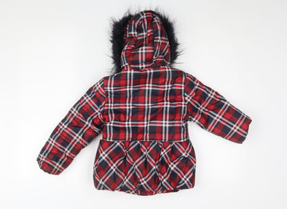 Mayoral Girls Red Plaid Coat with Faux Fur Trim, Size 6 Years