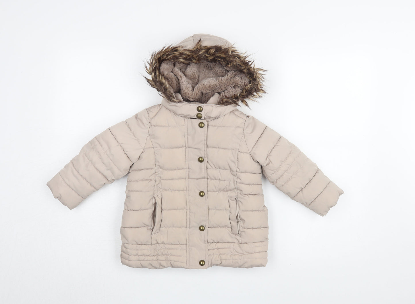 Brit Island Girls Beige Puffer Jacket Size 2-3 with Fur Trim