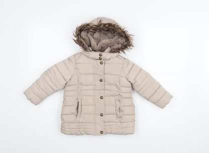 Brit Island Girls Beige Puffer Jacket Size 2-3 with Fur Trim