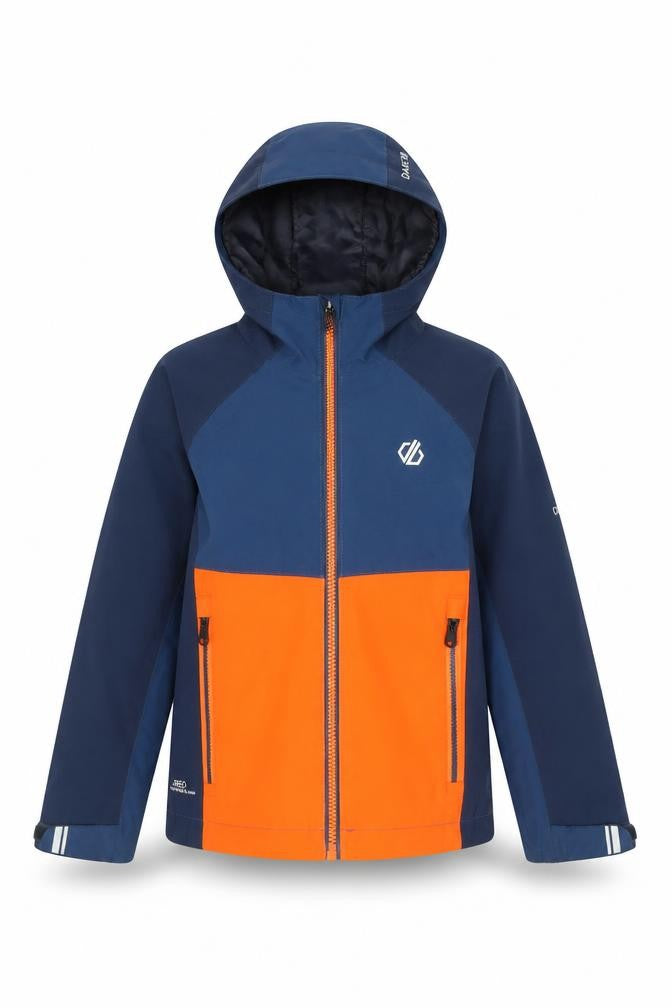 Front view of Dare 2b boys’ blue orange hooded jacket 3-4 years waterproof