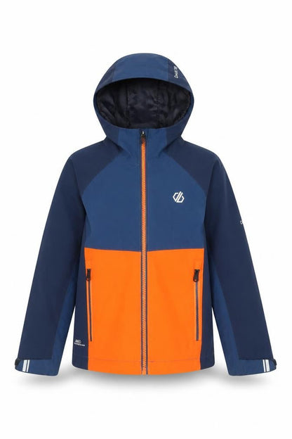 Front view of Dare 2b boys’ blue orange hooded jacket 3-4 years waterproof