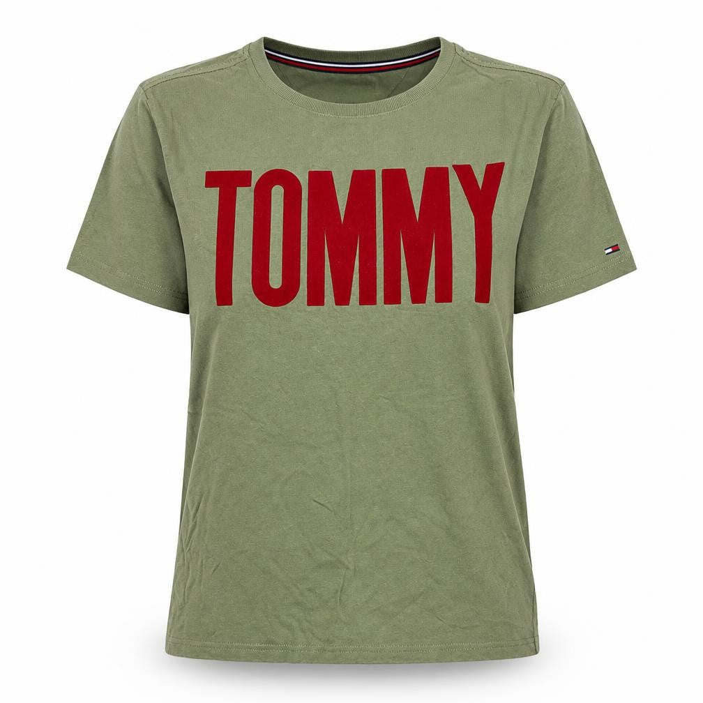 Front view of Tommy Hilfiger unisex green t-shirt, s, casual style