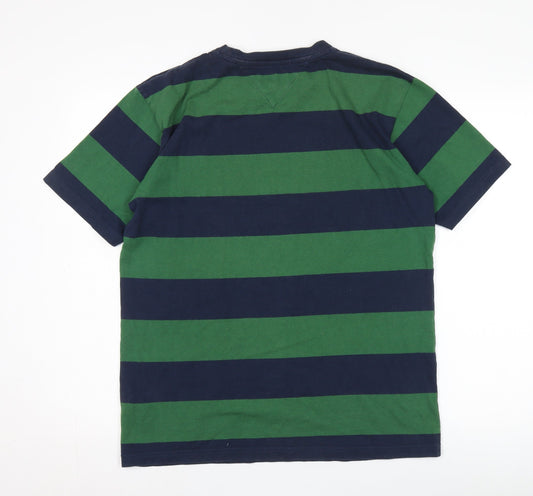 Tommy Jeans Men's Green Blue Striped T-Shirt, Size S