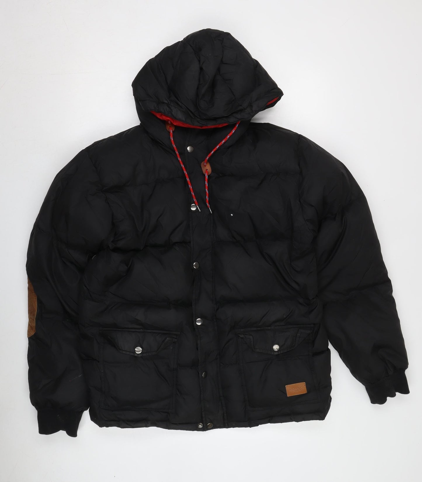 Akomplice Men's Black Puffer Jacket, L, Hooded, Snap Closure