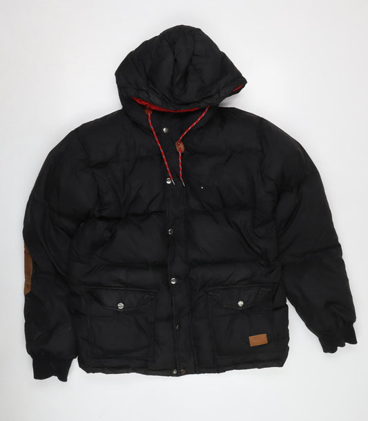 Akomplice Men's Black Puffer Jacket, L, Hooded, Snap Closure