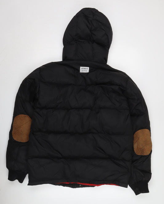 Akomplice Men's Black Puffer Jacket, L, Hooded, Snap Closure