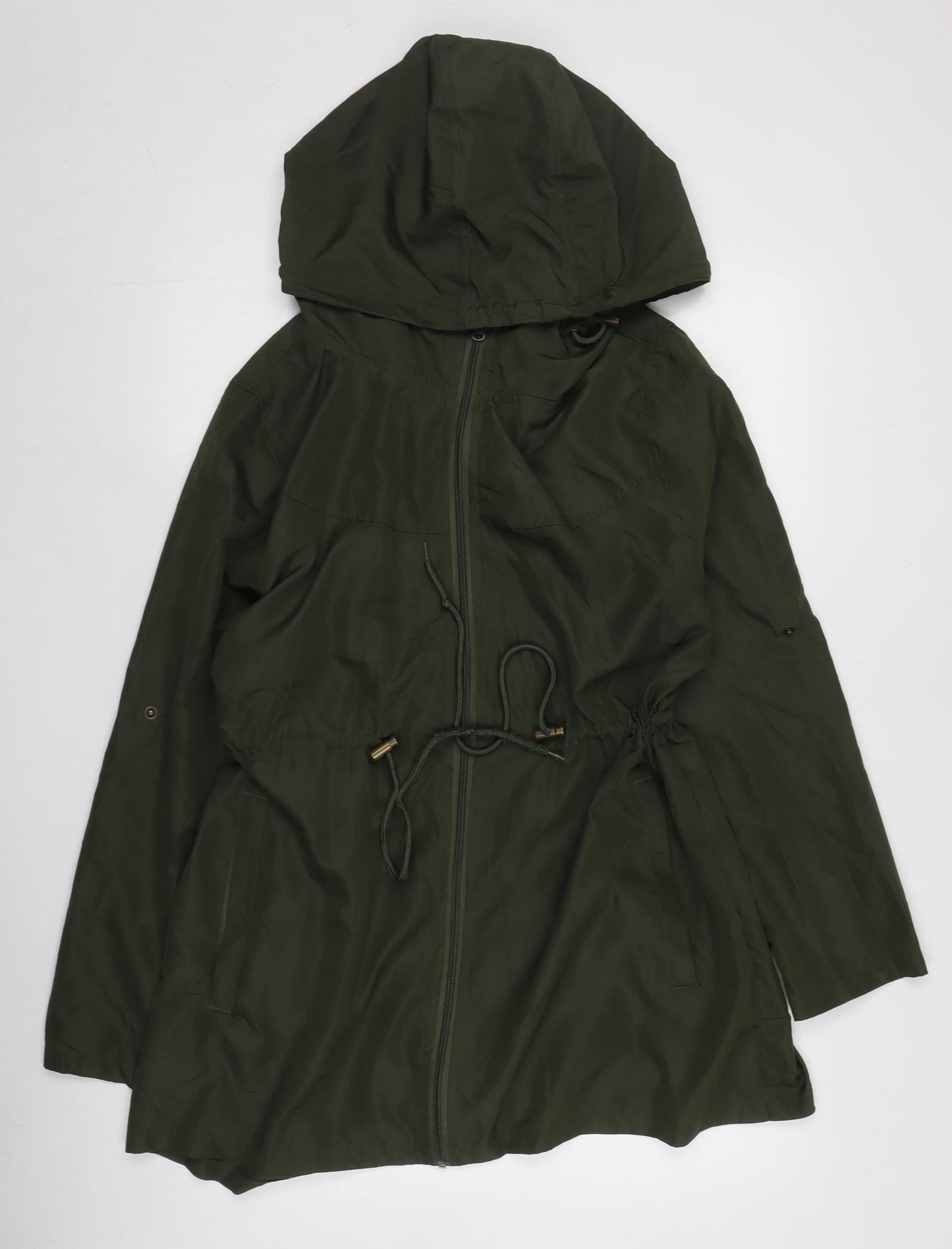 Women's Green Mid-Length Parka, Size M, Hooded Casual