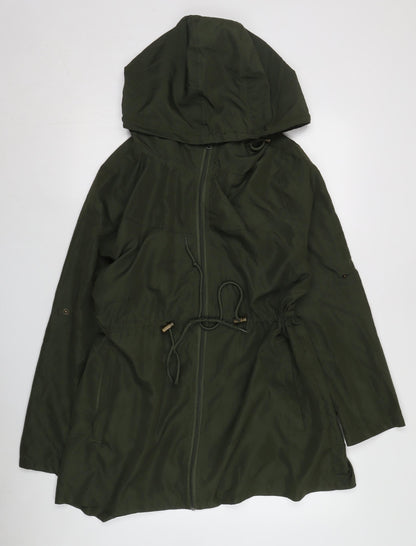 Women's Green Mid-Length Parka, Size M, Hooded Casual