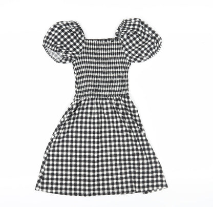 New Look Girls Black A-Line Check Dress, 10-11 Years, Puff Sleeves