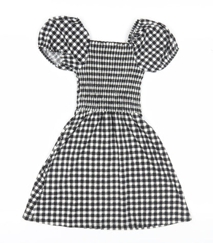 New Look Girls Black A-Line Check Dress, 10-11 Years, Puff Sleeves