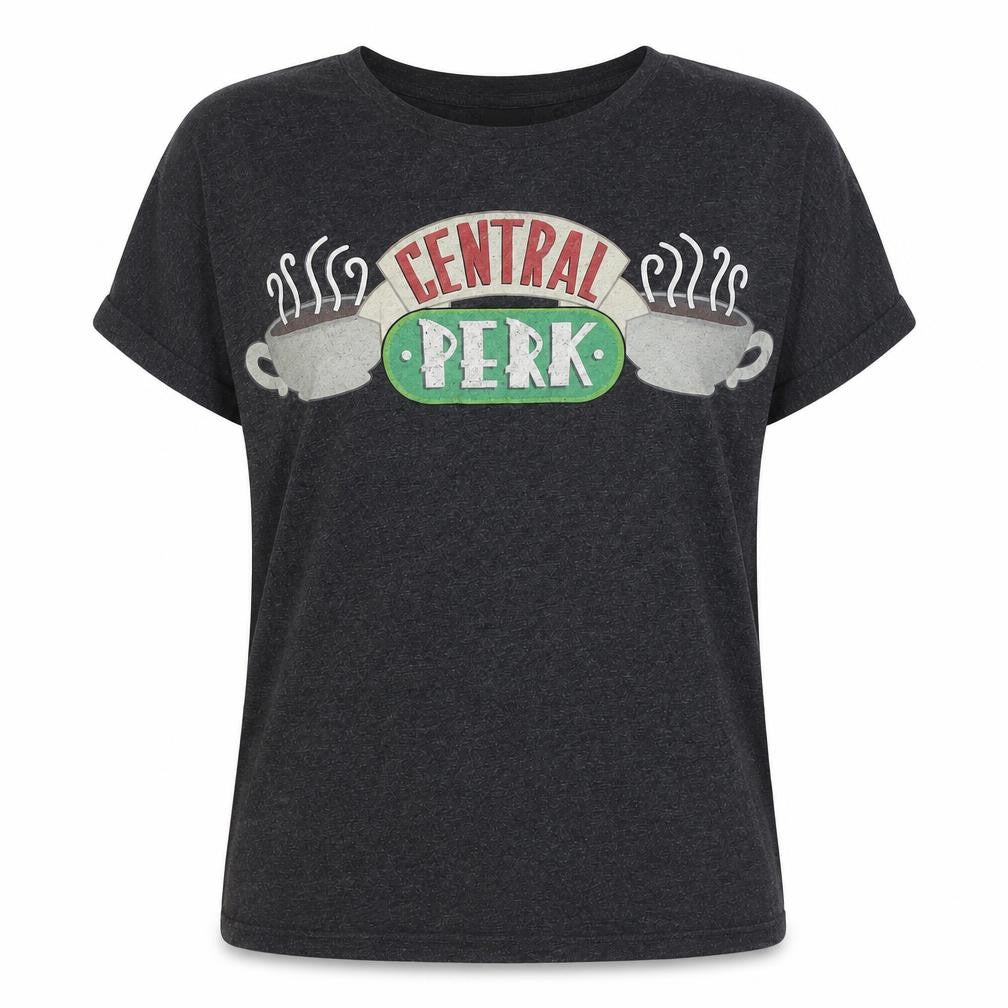Front view of Friends unisex black graphic t-shirt, size 16, casual