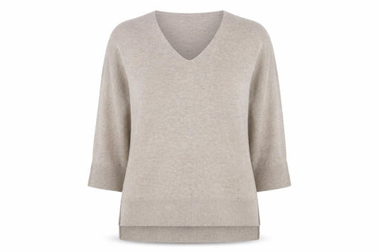 Front view of French Connection Women's Beige V-Neck Jumper, S, 3/4 Sleeve
