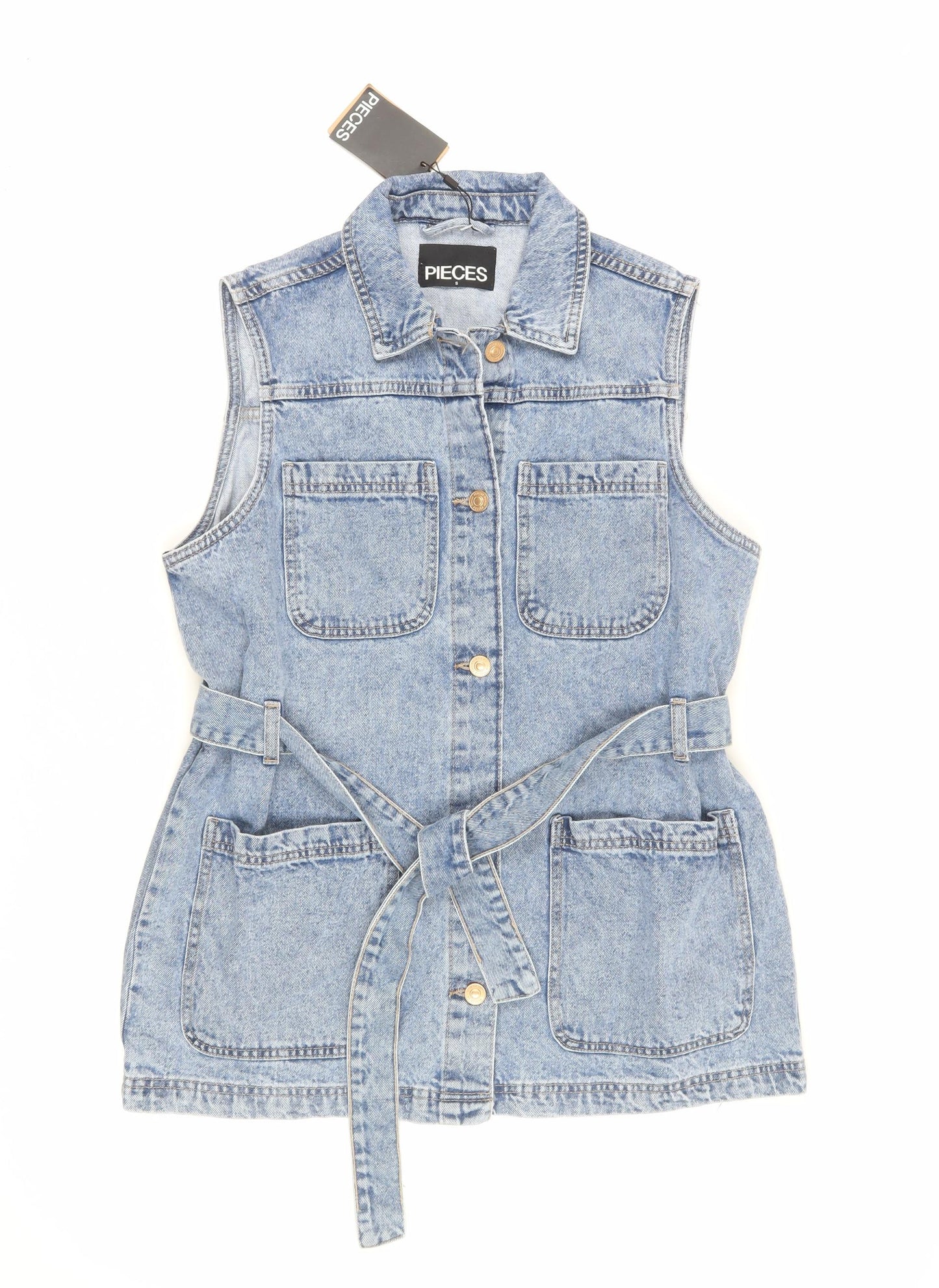 Pieces Women's Blue Denim Belted Sleeveless Shirt Dress