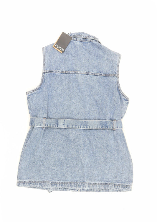 Pieces Women's Blue Denim Belted Sleeveless Shirt Dress