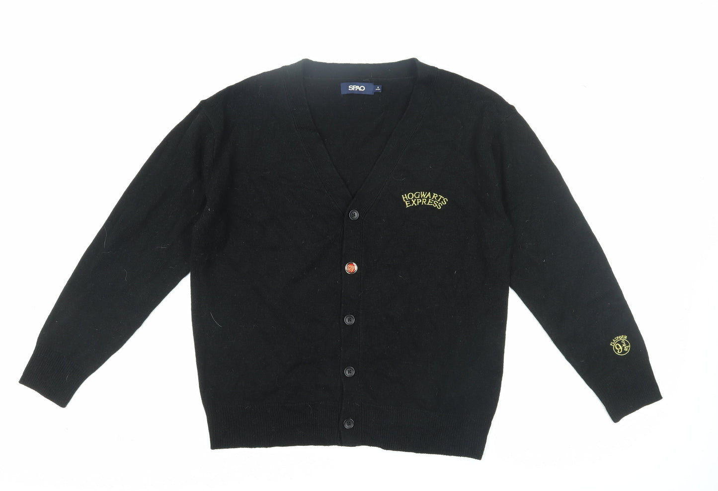 SPAO Unisex Black Cardigan, M, V-Neck, Hogwarts Embroidery