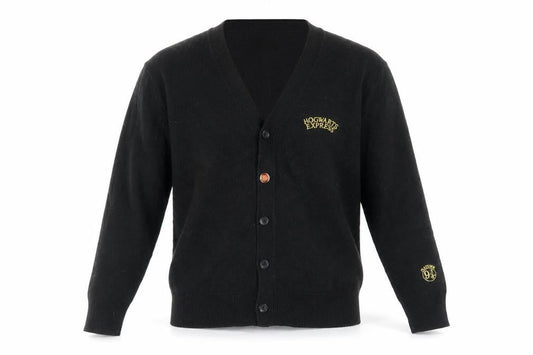 Front view of SPAO unisex black cardigan, m, v-neck, hogwarts embroidery