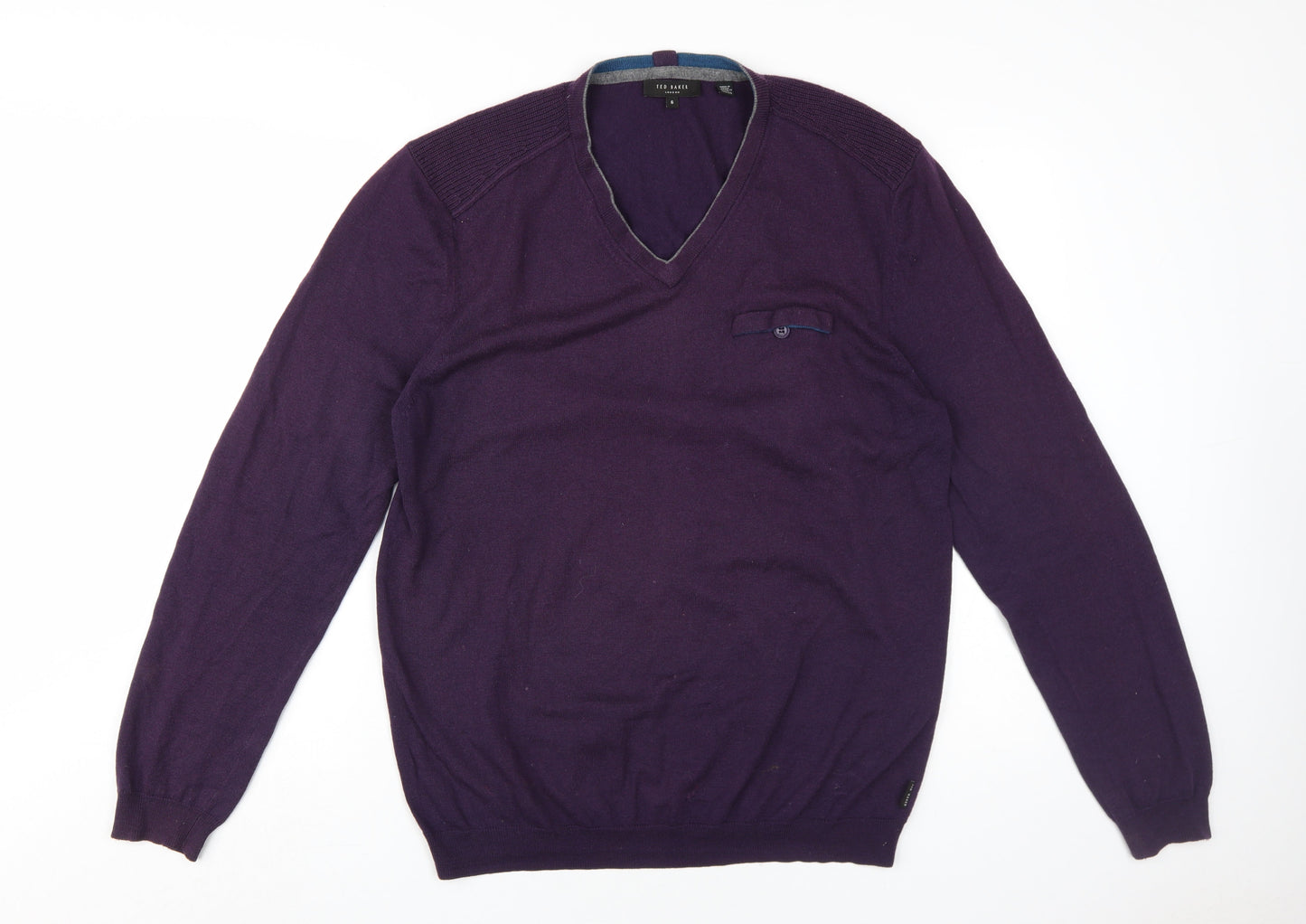 Ted Baker Men's Purple Wool Cashmere V-Neck Jumper Size 10
