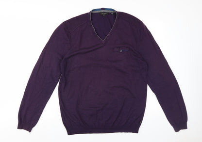 Ted Baker Men's Purple Wool Cashmere V-Neck Jumper Size 10