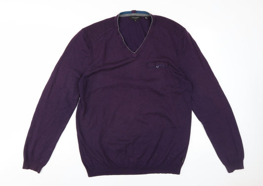 Ted Baker Men's Purple Wool Cashmere V-Neck Jumper Size 10