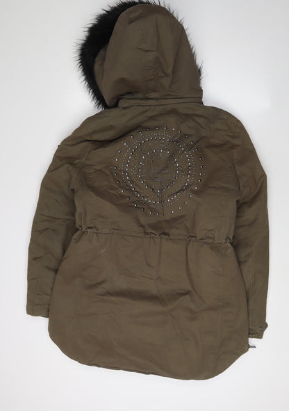IKKS Women's Green Parka M Hooded Studded Casual