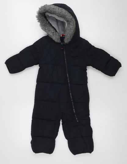 Next Unisex Black Puffer Snowsuit 9-12 Months Hooded