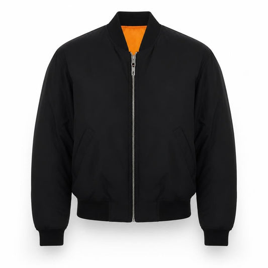 Front view of H&M unisex black bomber jacket, size 12, polyester zip