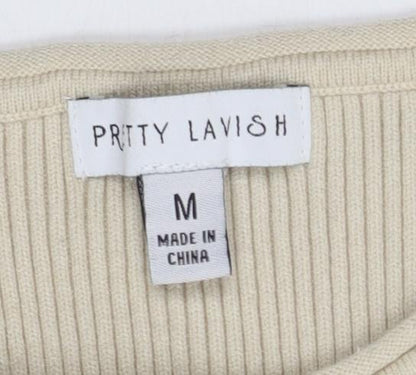 Pritty Lavish Women's Beige Ribbed Tank Top M Slim Fit