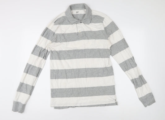 Gap Men's Grey Striped Long Sleeve Polo M
