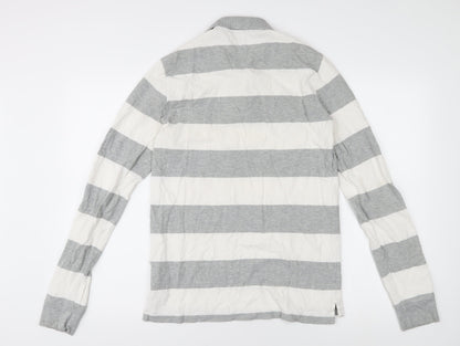 Gap Men's Grey Striped Long Sleeve Polo M