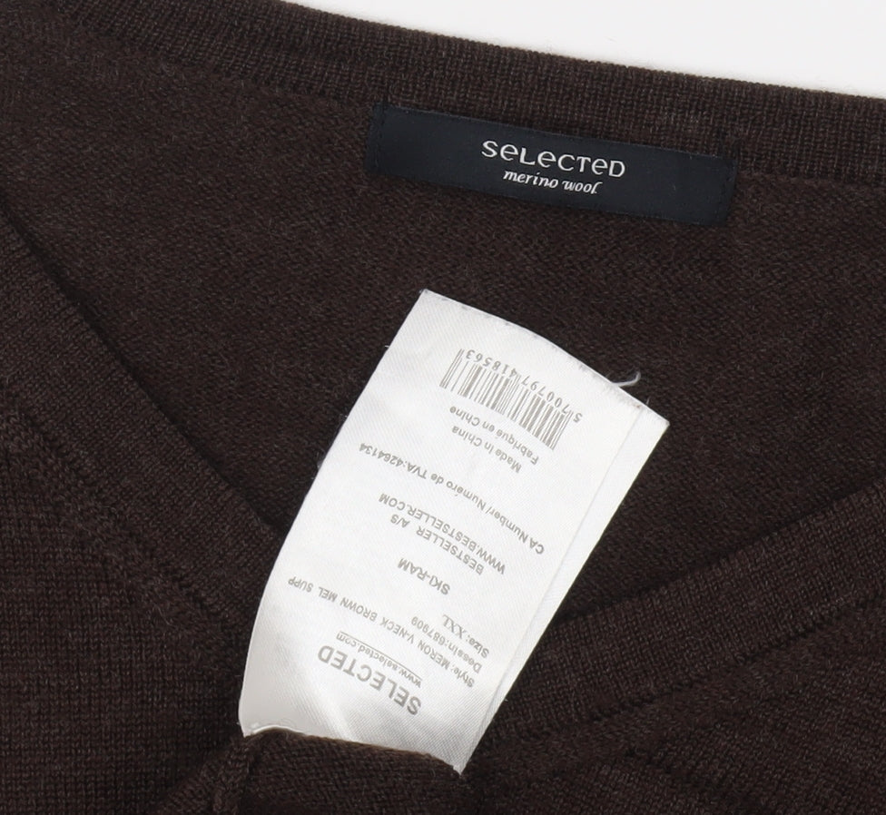 Selected Men's Brown V-Neck Wool Pullover Jumper 2XL