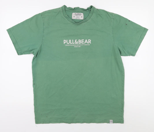Pull & Bear Men's Green Size 10 Crew Neck T-Shirt