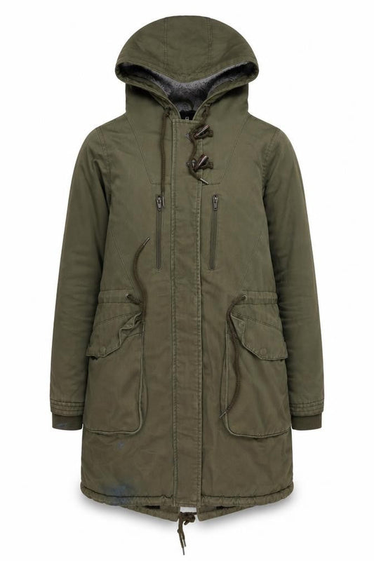 DC Women's Green Parka, Size M, Hooded Mid-Length Jacket