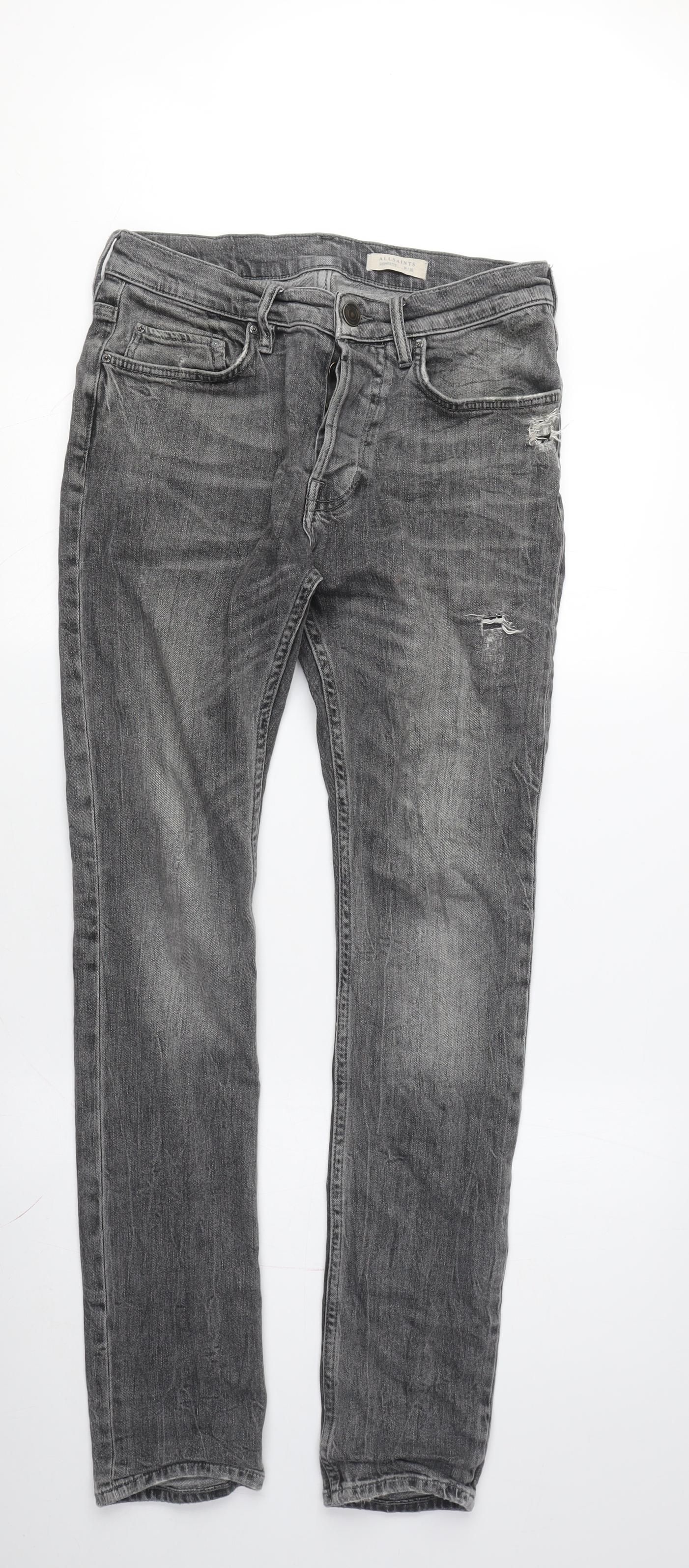 AllSaints Men's Grey Skinny Jeans, Size 28, Distressed