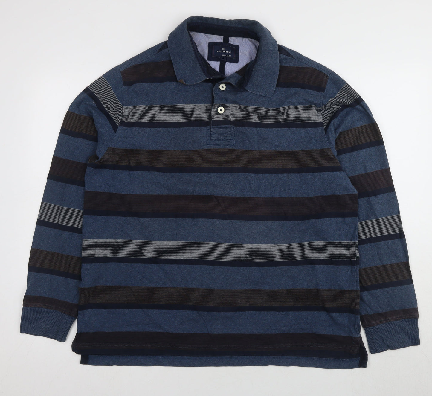 Marks and Spencer Men's Blue Striped Polo, Size L
