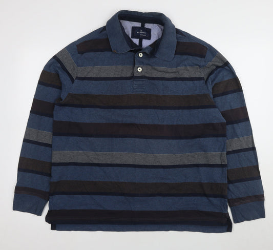 Marks and Spencer Men's Blue Striped Polo, Size L