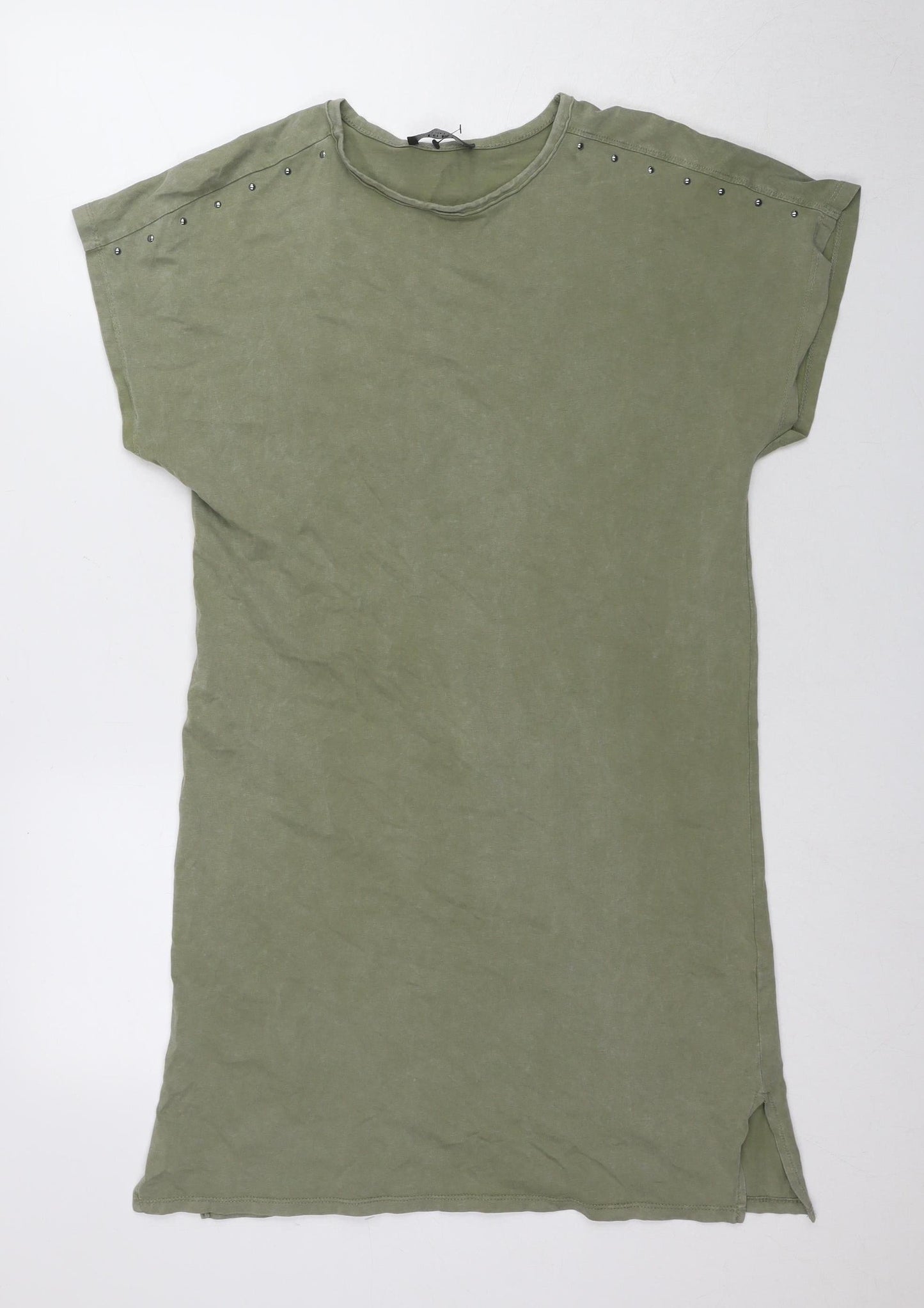 Bershka Women Green S Basic Crew Neck Studded Tee