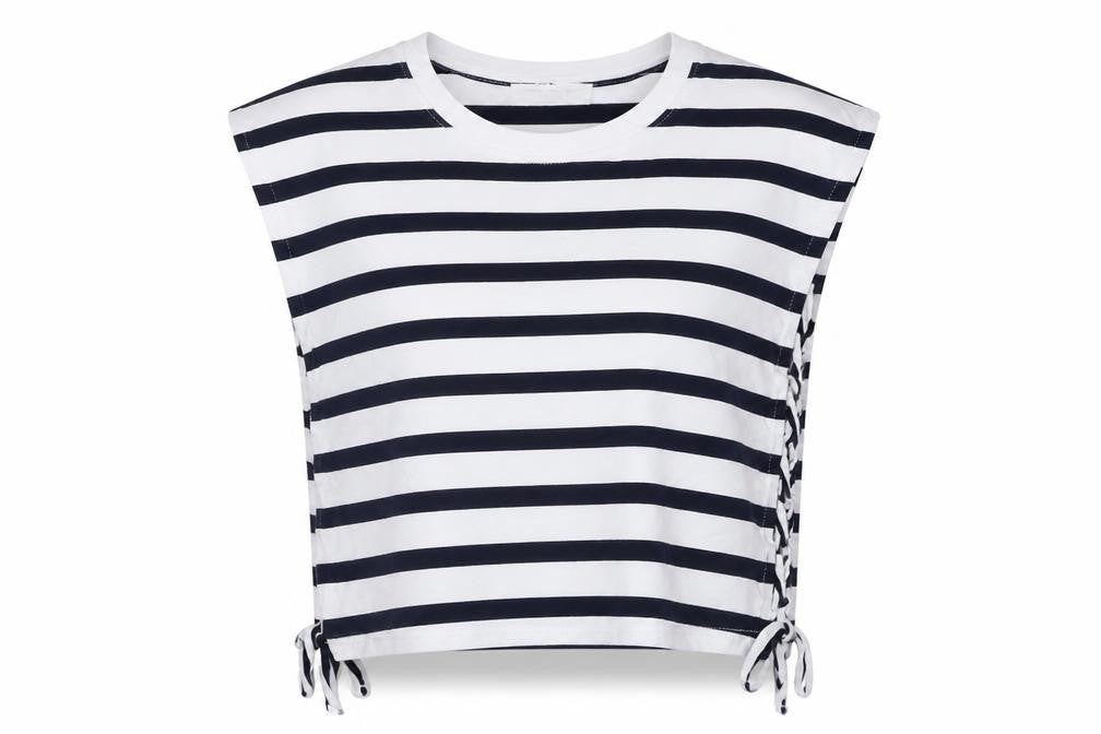 Front view of Bershka unisex white striped sleeveless t-shirt, size 8