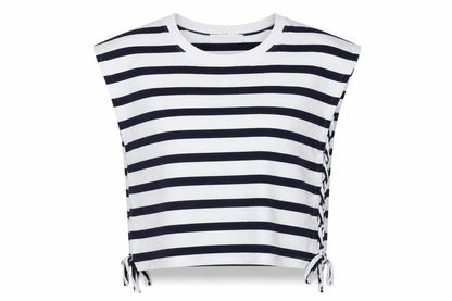 Front view of Bershka unisex white striped sleeveless t-shirt, size 8