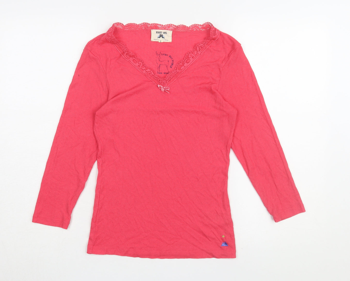 Night Owl Women's Pink Long Sleeve V-Neck Pyjama Top Size S