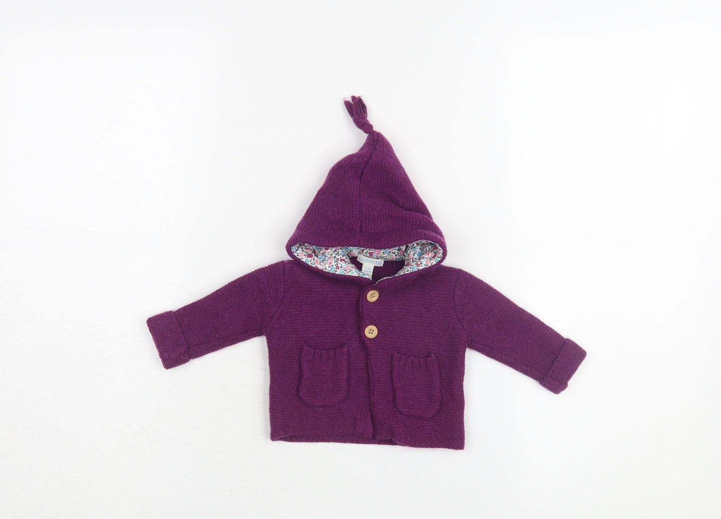 JoJo Maman Bébé Unisex Purple Cardigan 0-3M Hooded Knit