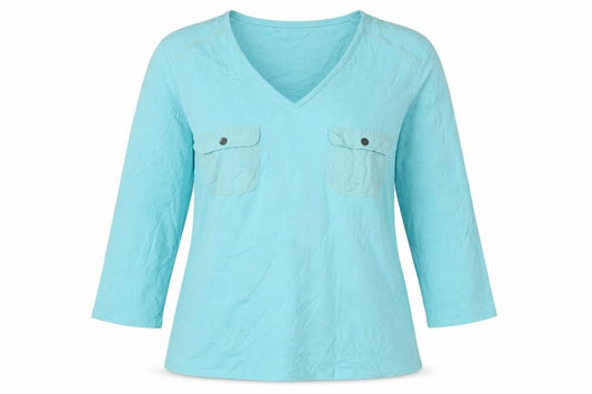 Front view of Jaeger Women's Blue V-Neck Top XL 3/4 Sleeve