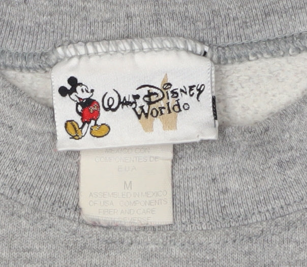 Close-up detail of Disney unisex grey m pullover sweatshirt, graphic print