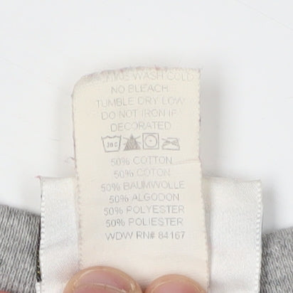 Brand and care label for Disney unisex grey m pullover sweatshirt, graphic print