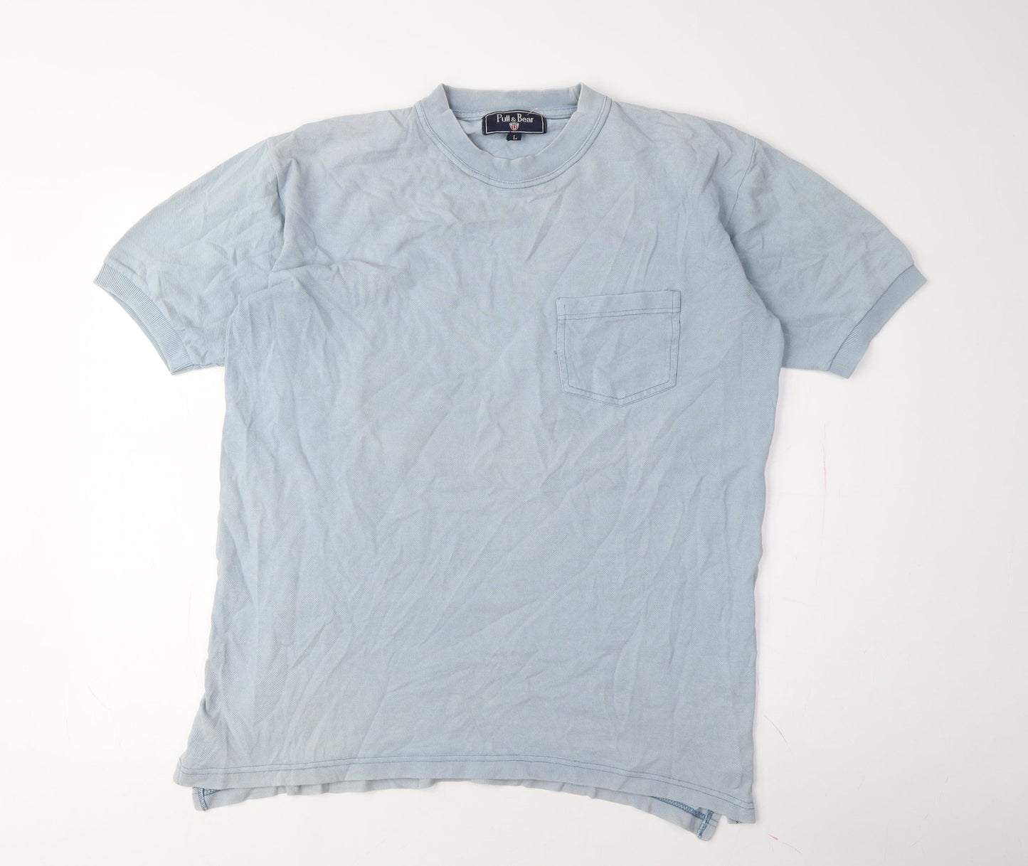 Pull & Bear Men's Blue Crew Neck T-Shirt, Size L